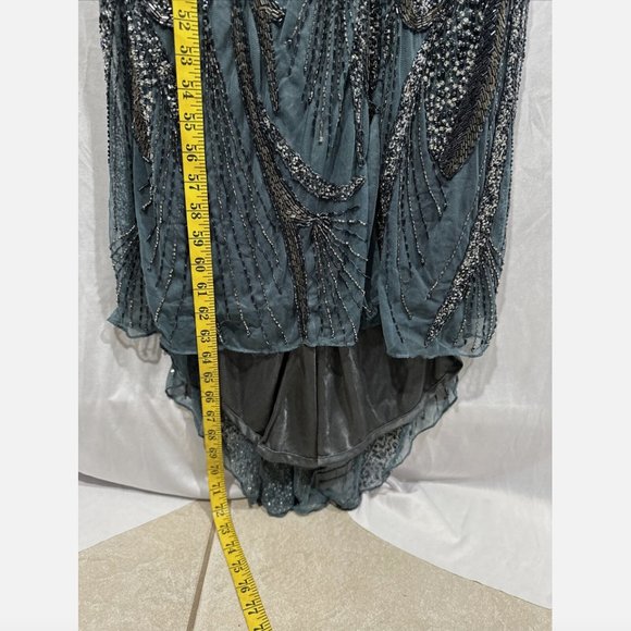 NWT $598 Mac Duggal [ 12 ] Intricate Beaded V-Neck High Slit Gown Charcoal #Q565 - Picture 4 of 16